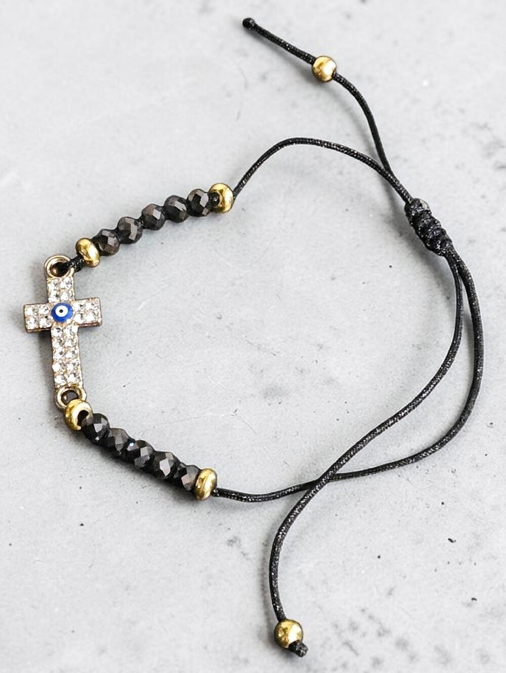 Handcrafted Black Adjustable Bracelet w/ Cross & Evil Eye Pendant ~ NWOT
